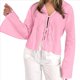 thumbnail image 3 of Blusas con Lazo Frontal para Mujer, Camisas de Y2K, Mangas Acampanadas, Cuello en V, Ropa para Salir, Blusas Casuales con Cordones. Rosa M, 3 of 8