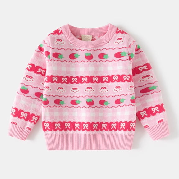 ZHOGXU Big Kids Girls Sweaters Long Sleeve Round Neck Knit Strawberry Print Warm Comfortable Sweater Top For Daily Wear Pink 2-3 Years