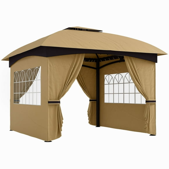 Outsunny 11' x 11' Outdoor Gazebo with Curtains, Church Windows, Beige