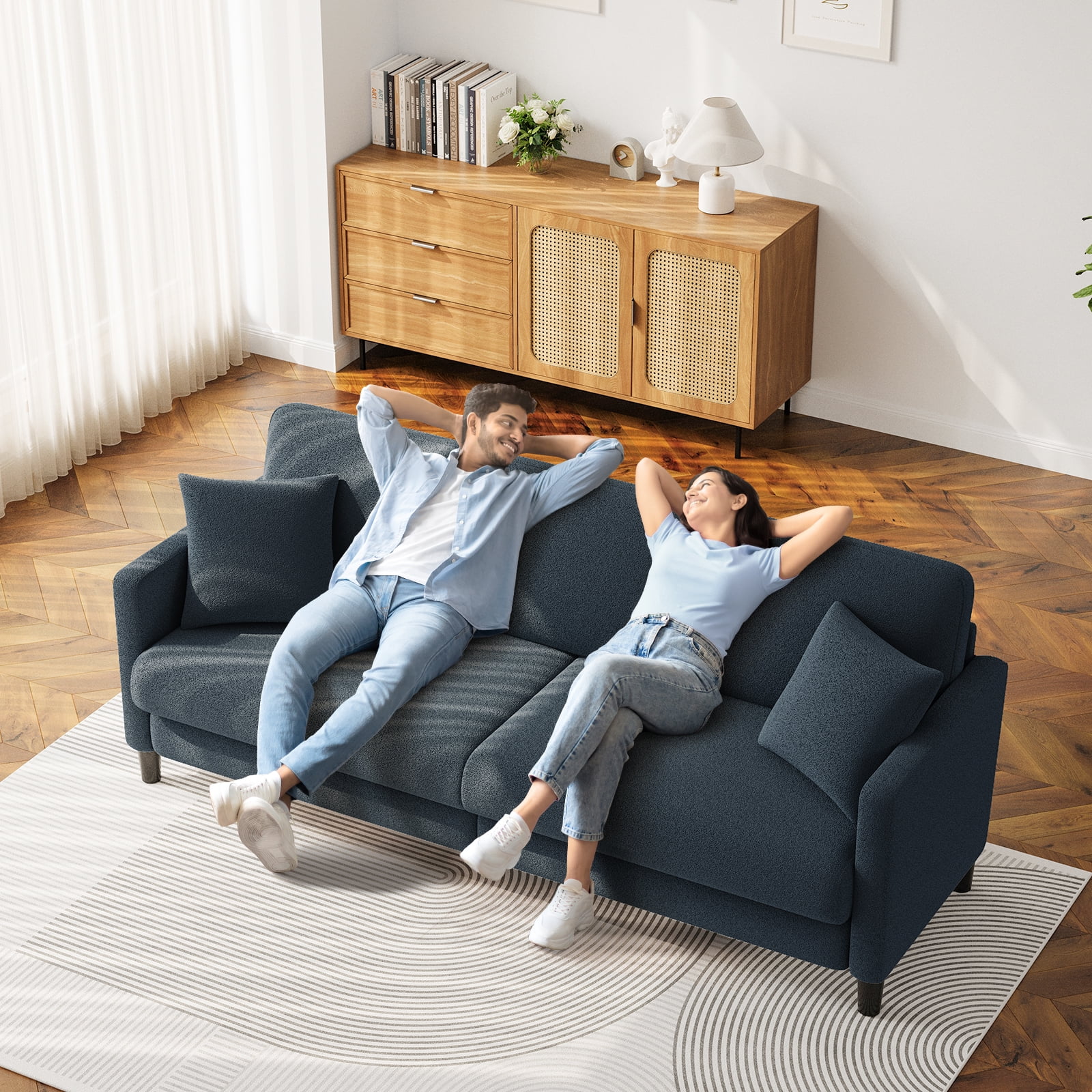 83" Sofa Couch for Living Room,Comfy Teddy Fleece Loveseat Sofa,Extra Deep Seat Couches ,Neche Tool-Free Setup Love Seat with 2 Pillows,Blue Grey
