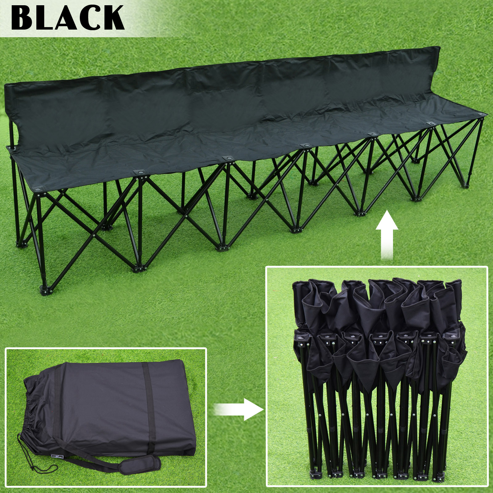 Sunrise Portable Outdoor 6 Person Sideline Bench Folding Team Sport Bench, Waterproof, Black