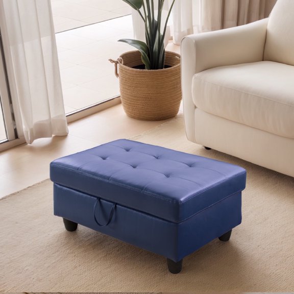 Faux Leather Storage Ottoman with Hidden Compartment for Bedroom, Blue