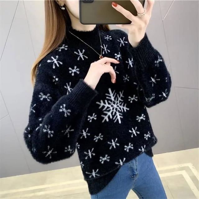 Prendas de punto de medio cuello alto para mujer, suéteres de felpa de imitación de visón con copos de nieve de Navidad, Jersey nuevo, Otoño, Invierno, 2024