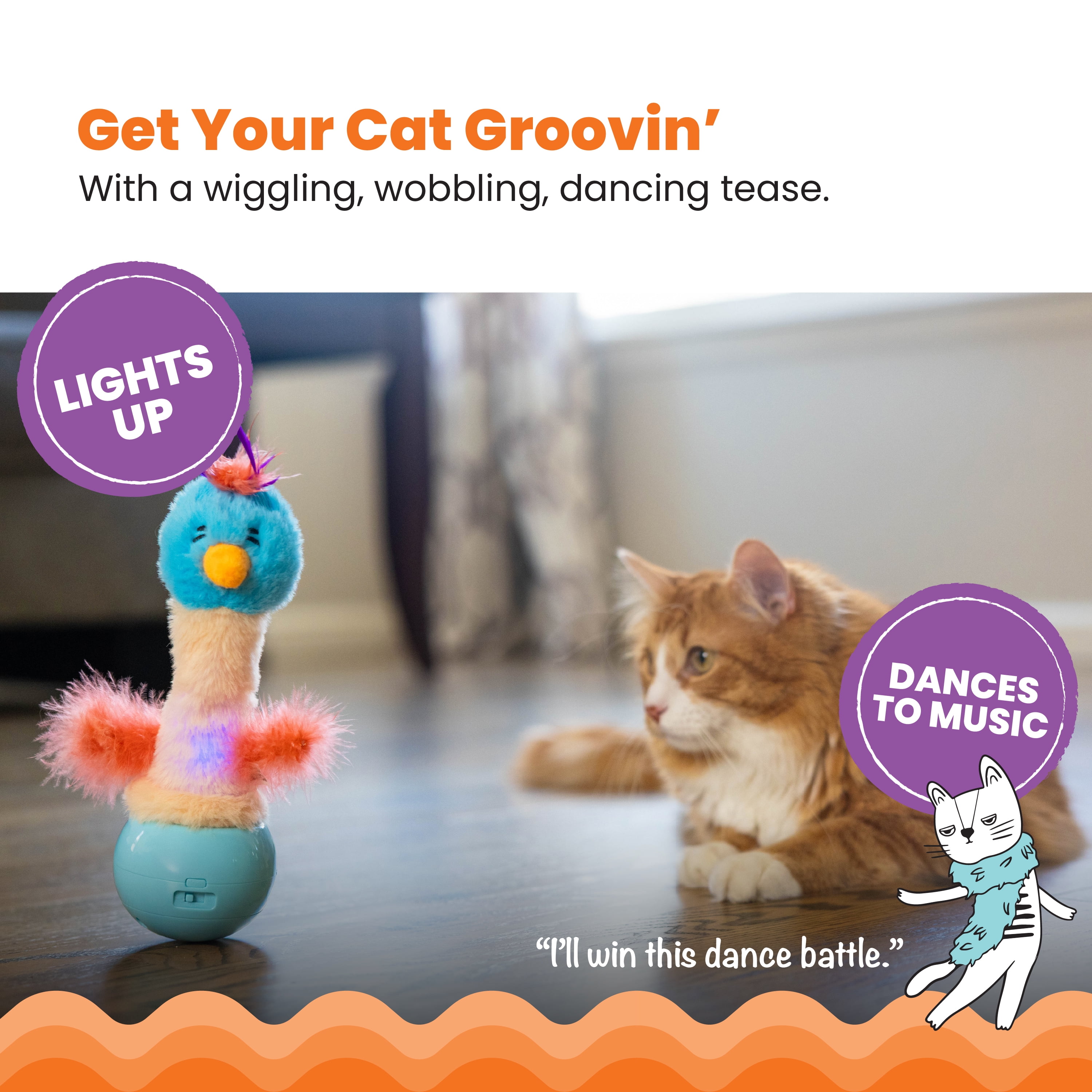 Catstages Electronic Dancing Ostrich Interactive Cat Toy, Wobbles and Plays Music, Battery Powered, Plush, Blue