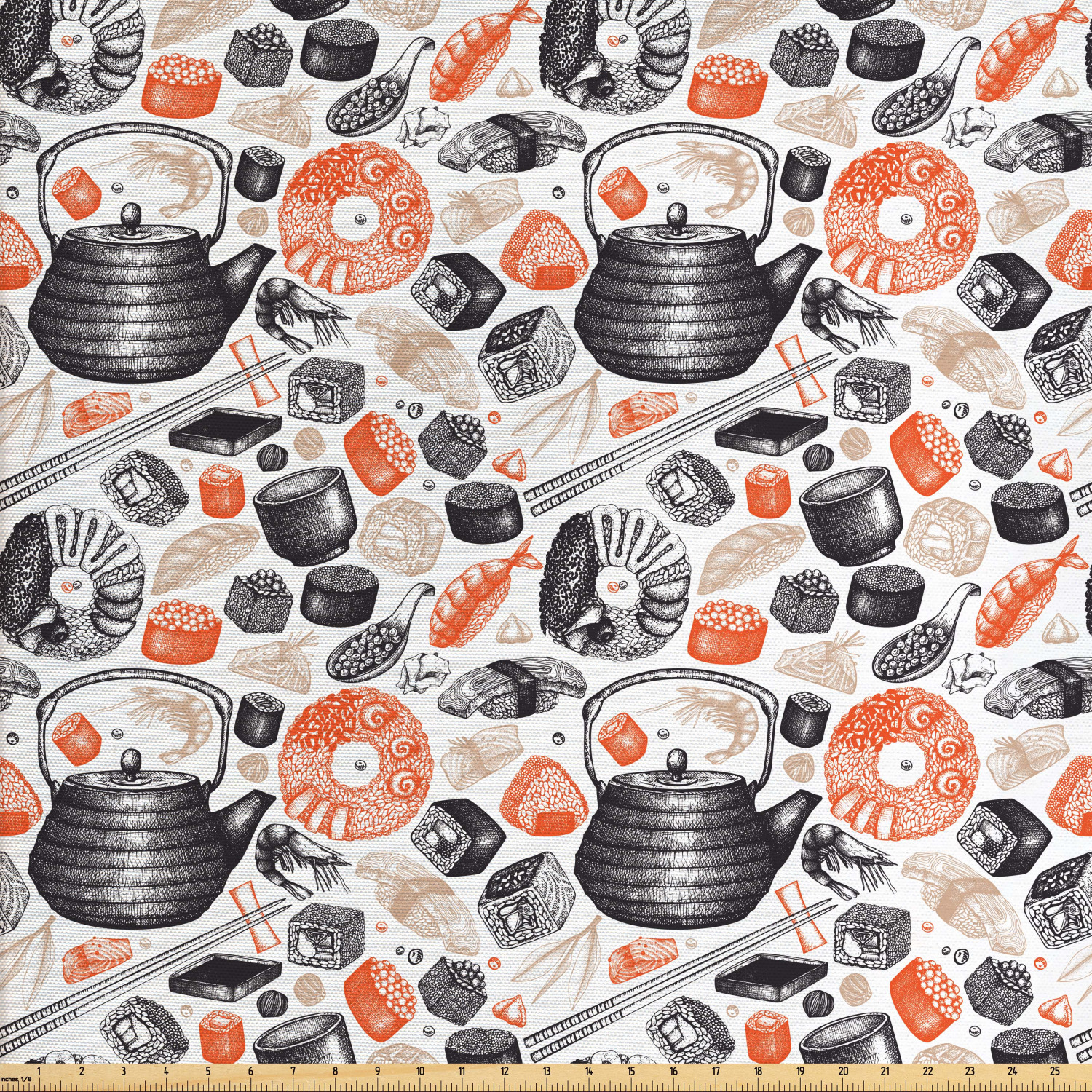 Sushi Fabric by The Yard, Dishes Pattern with Shrimps Sushi Rolls and