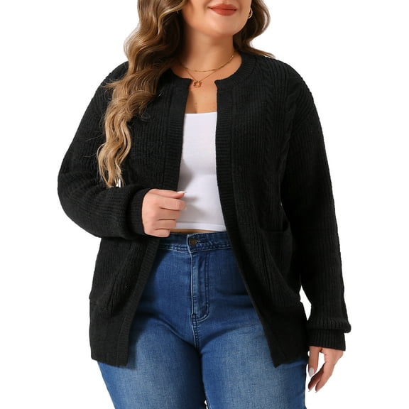 DARING DIVA Women's Plus Long Sleeve Crew Neck Knit Cardigans 1X Black