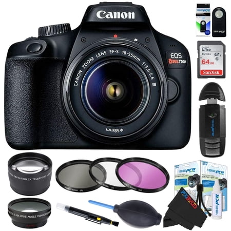 Rebel T100 / 4000D DSLR Camera with EF-S 18-55mm 3.5-5.6 III Lens + PixiBytes Pro Bundle