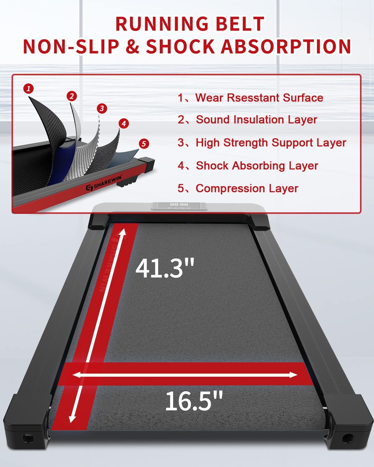 FreeLung Under Desk Treadmill Walking Pad Treadmill 300 lb Capacity Walking Exercise Machine with Remote Control and LED Display Red
