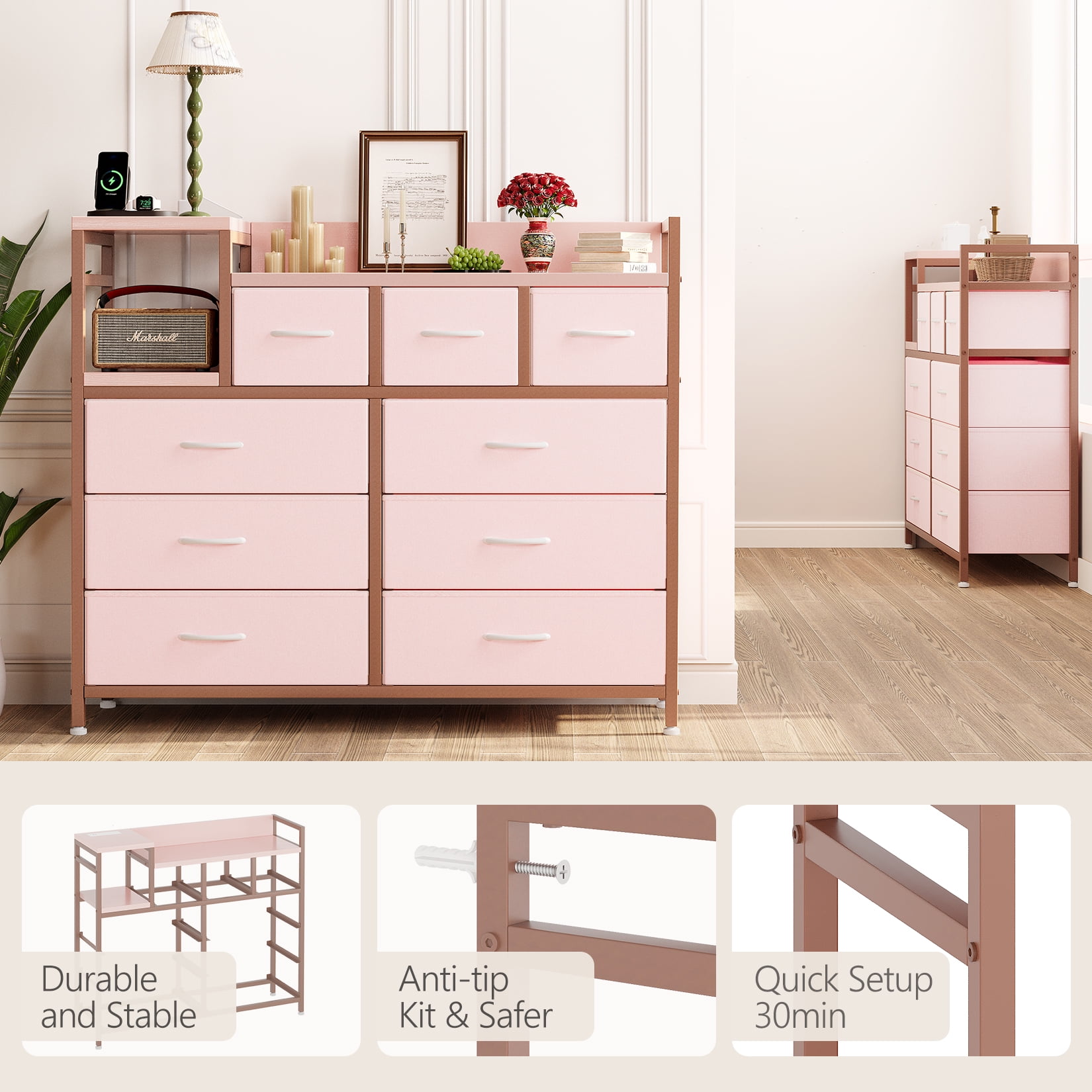 9-Drawer Storage Bedroom Dresser TV Stand with Built-in Charging Station, Multi-Functional for Kids Room & Apartments, Tall Organizer, Pink
