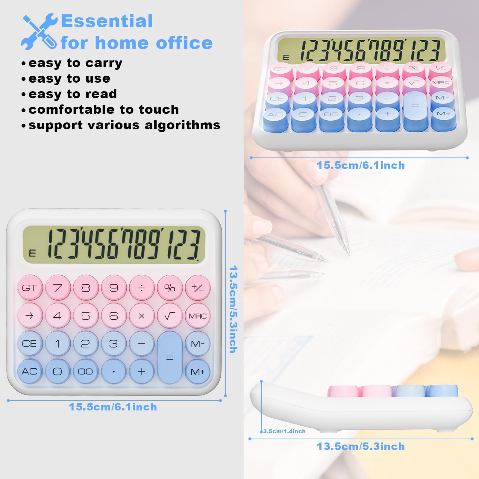 Mechanical Calculator 12 Digit Extra Large 5-Inch LCD Display, DECKLIT Battery Desk Calculator, Big Buttons Easy to Press Use as Office Calculators Desktop, 15°Tilt Screen for Kids Calculator(Rose)