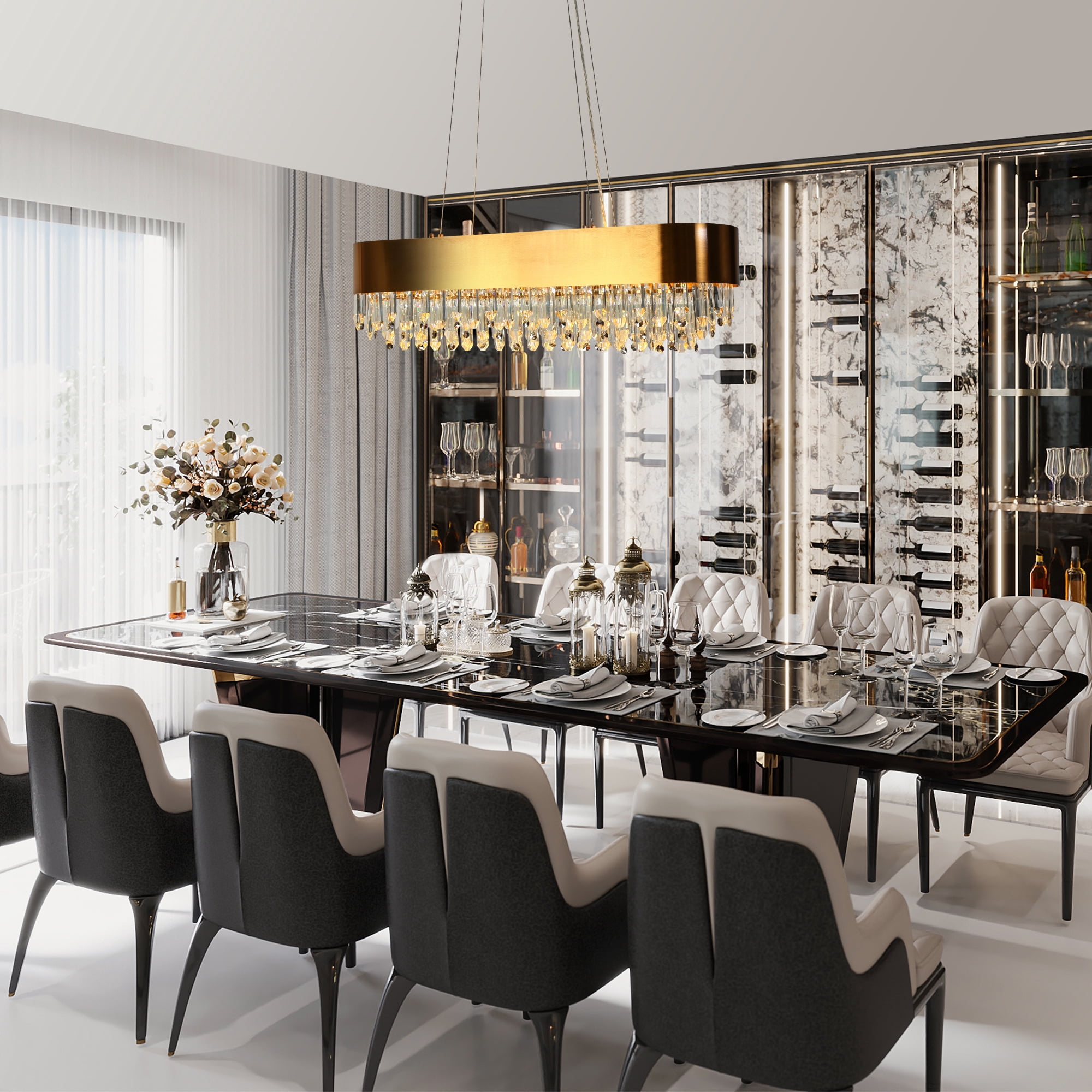 LNC Icarium 10 -Light Polished Gold and Crystal Glam Textured glass Geometric Large Hanging Kitchen island light