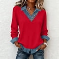 thumbnail image 2 of Women's Long Sleeve Shirts With Denim Collar Cuffs Buttons Decor V-Neck Tops Red XL, 2 of 6
