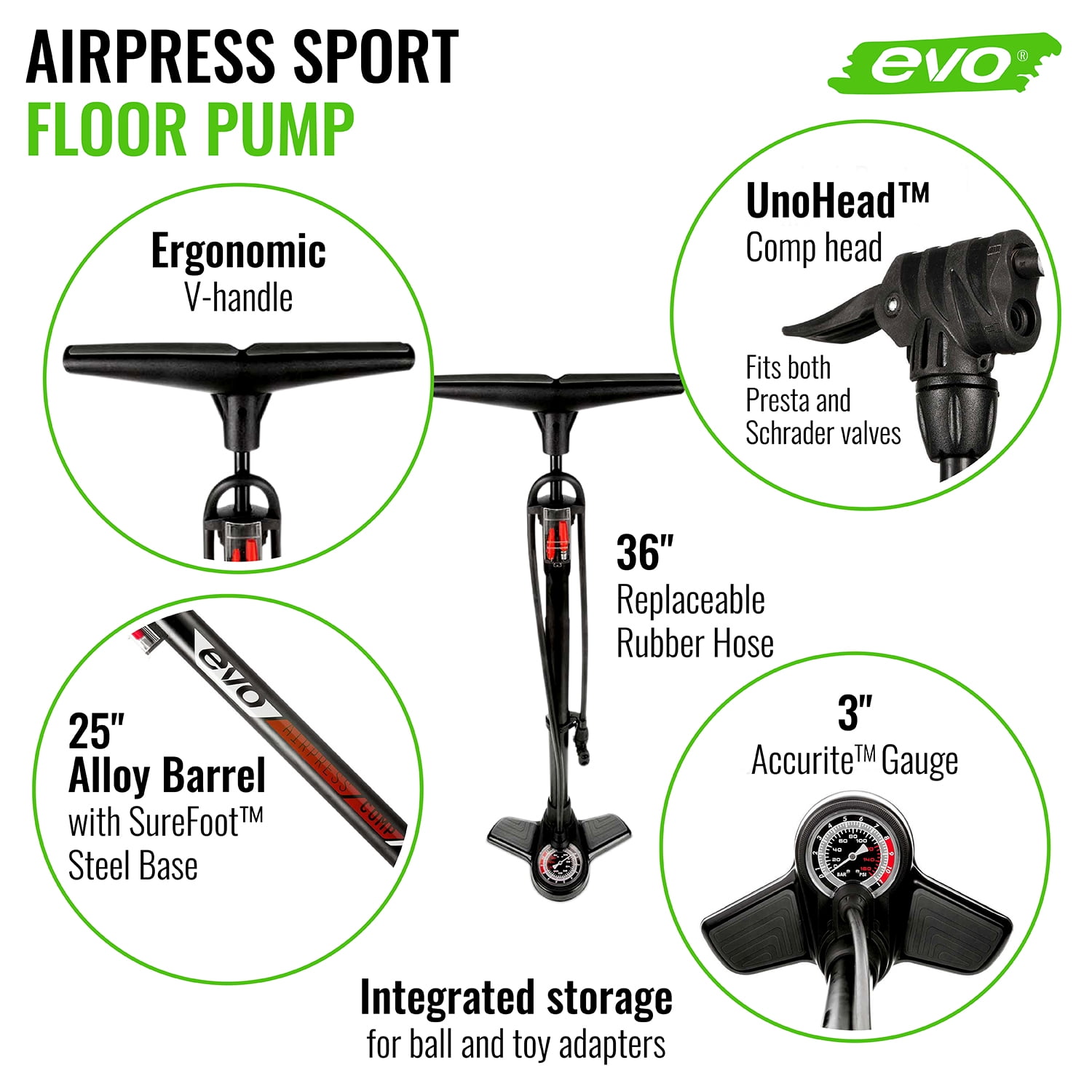 Evo AirPress Comp Floor Pump 160psi Black