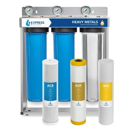Home Water Filtration - Express Water Heavy Metal Whole House Water Filter – 3 Stage Home Water Filtration System – Sediment, KDF, Carbon Filters – includes Pressure Gauges, Easy Release, and 1” Inch Connections