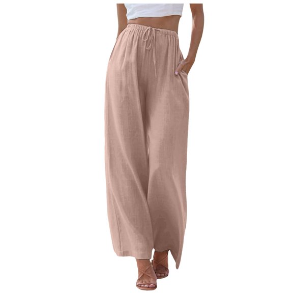 Pantalones palazzo de lino para mujer: cintura alta, cordón, pernera ancha, playa/casual, tallas S-XXXL