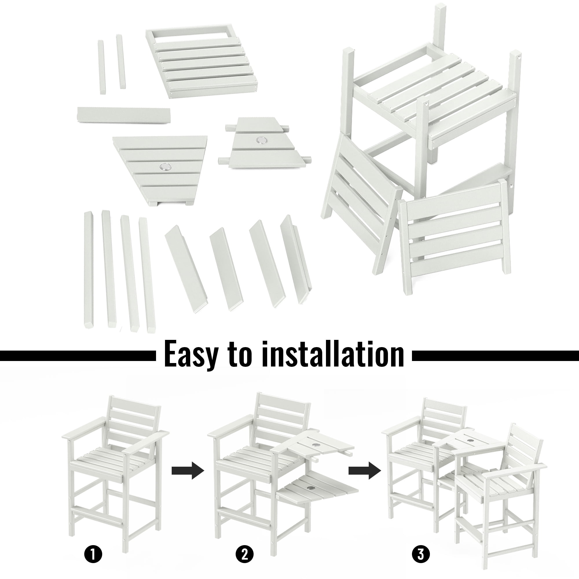 FOOWIN HDPE Plastic Tall Adirondack Chair Set of 2 W/ Outdoor Barstools and Connecting Tray, White