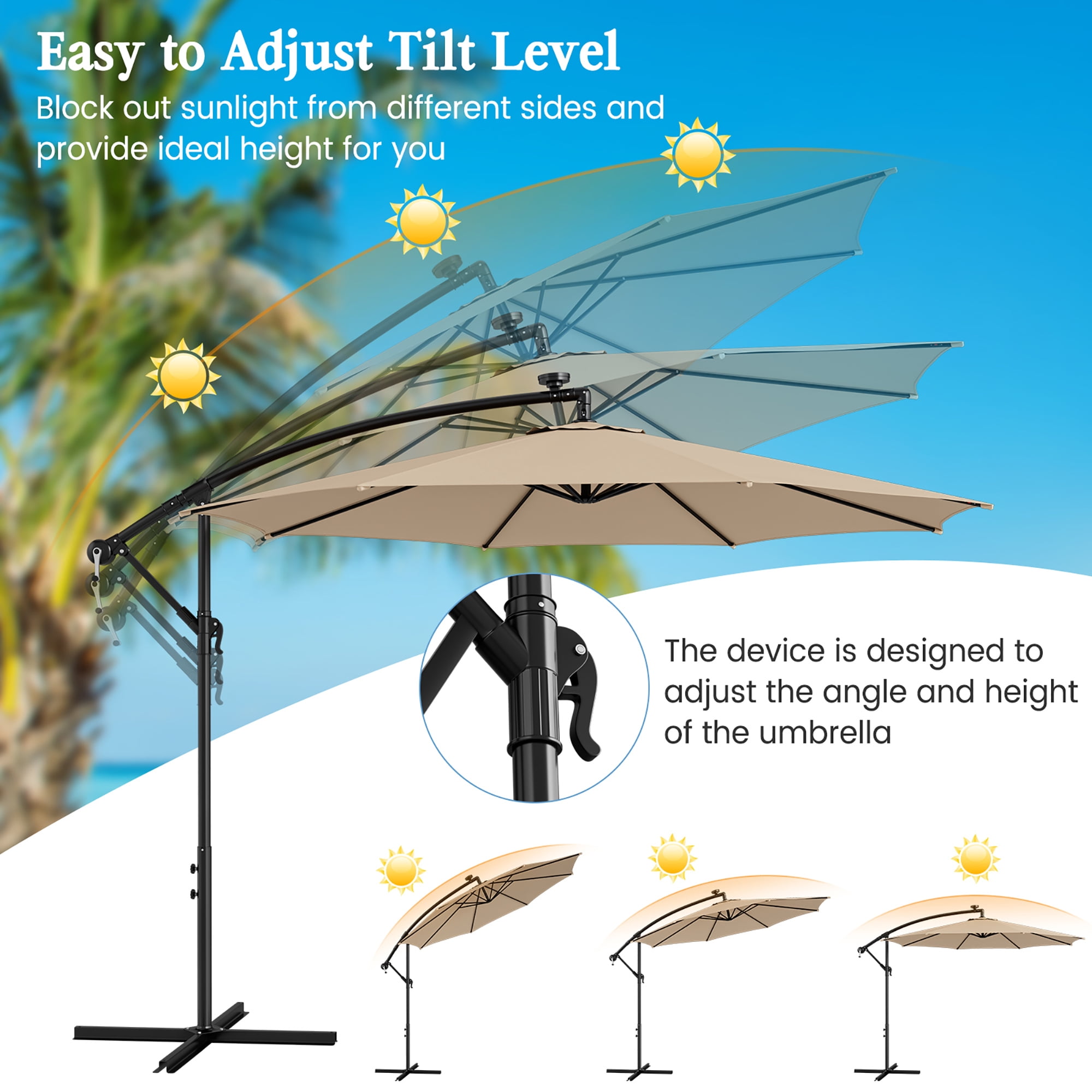 Gymax 10 FT Offset Patio Umbrella Solar Powered Cantilever Umbrella w/ 112 LED Lights Beige