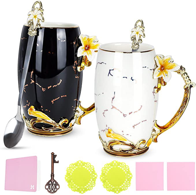 Ceramic Tea Cup Gifts for Women Coffee Mugs with Spoon Tea Sets for Women Black and White Set of 2 Tea Cup Tea Mugs,Flower Tea Cup Fancy Tea Cups Floral Coffee Mugs