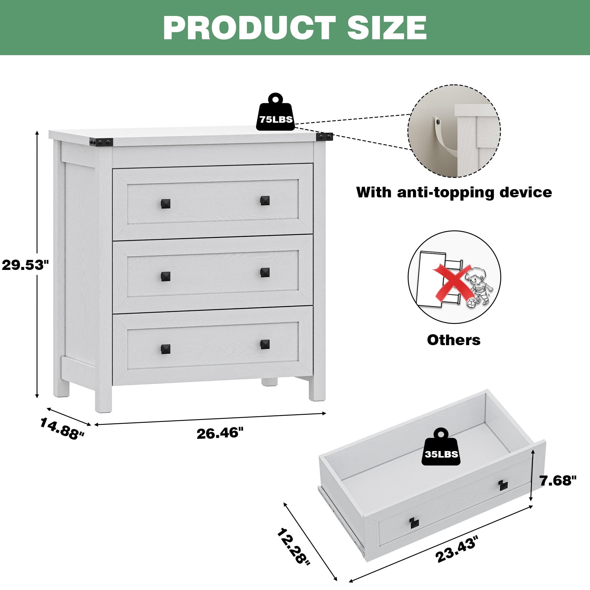 FANRAL 3 Large Drawer Nightstand,29.5" Tall Night Stand,27.5" Wide Side Table,Wood Bedside Table Modern End Table,Small Wide Dresser for Bedroom,White Nightstand