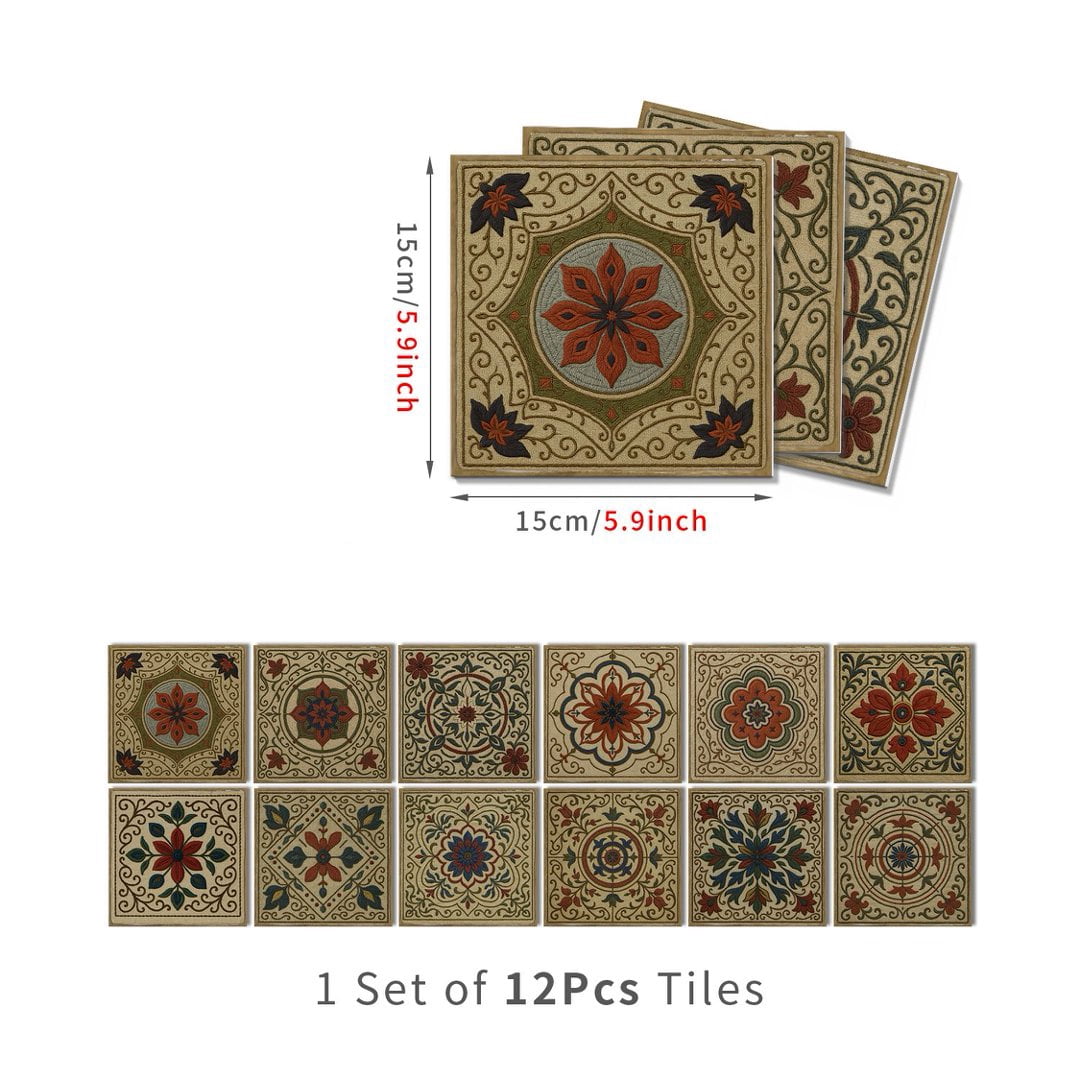 12 Pcs Foaming Board Tiles Stickers Wall Decals 5.91" x 5.91" Green Red Brown  Flowers Pattern Waterproof Peel and Stick Backsplash Mural