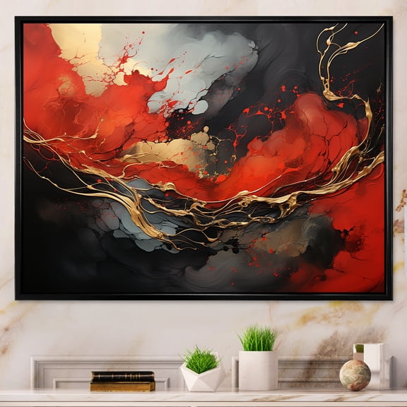 Designart "Marble Fire Red and Gold Fusion III" Abstract Framed Wall Art - Modern Red Abstract Painting Bedroom Framed Canvas Wall Art
