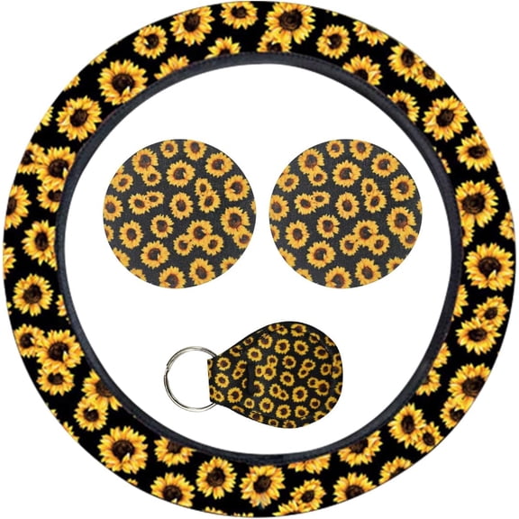 4PCS Sunflower Car Accessories Set, Fashion Anti-Slip 14-15 Inch Steering Wheel Cover with Cup Holder Coaster & Quarter Keyring, Vehicle Interior Decorative Protector for Women (Sunflower)
