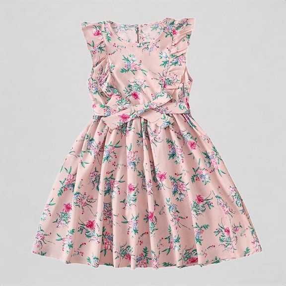 REDARER Girls' Floral Flutter Sleeve Dress with Self-Tie Belt Summer Party Outfit,5-6 Years