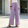 thumbnail image 4 of MYAOYINo Boundaries Linen Pants for Women Plum Blossom Embroidery Wide Leg Elastic Waist Casual, 4 of 7