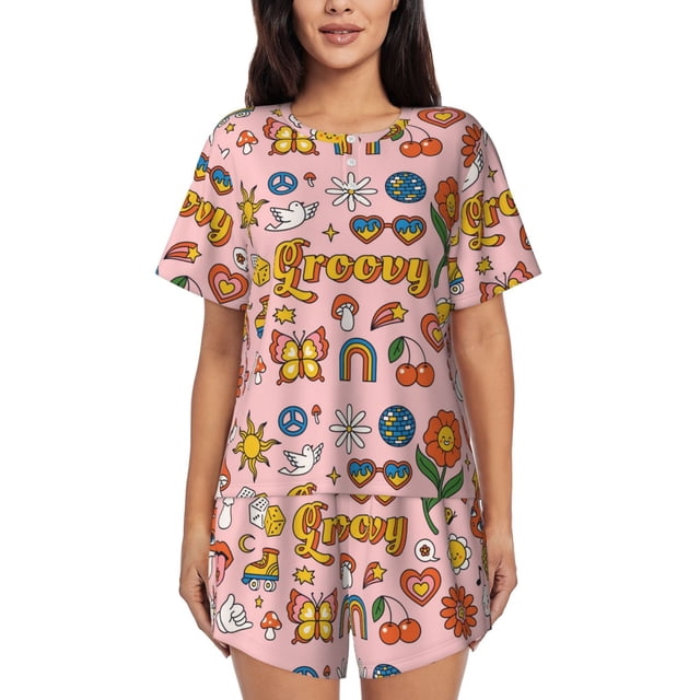 Balery Retro 70s Hippie Conjunto de Pijama para Mujer con Estampado, Dos Piezas de Manga Corta y Shorts, Ropa de Dormir Suave con Cuello Redondo y Bolsillos-X-Large