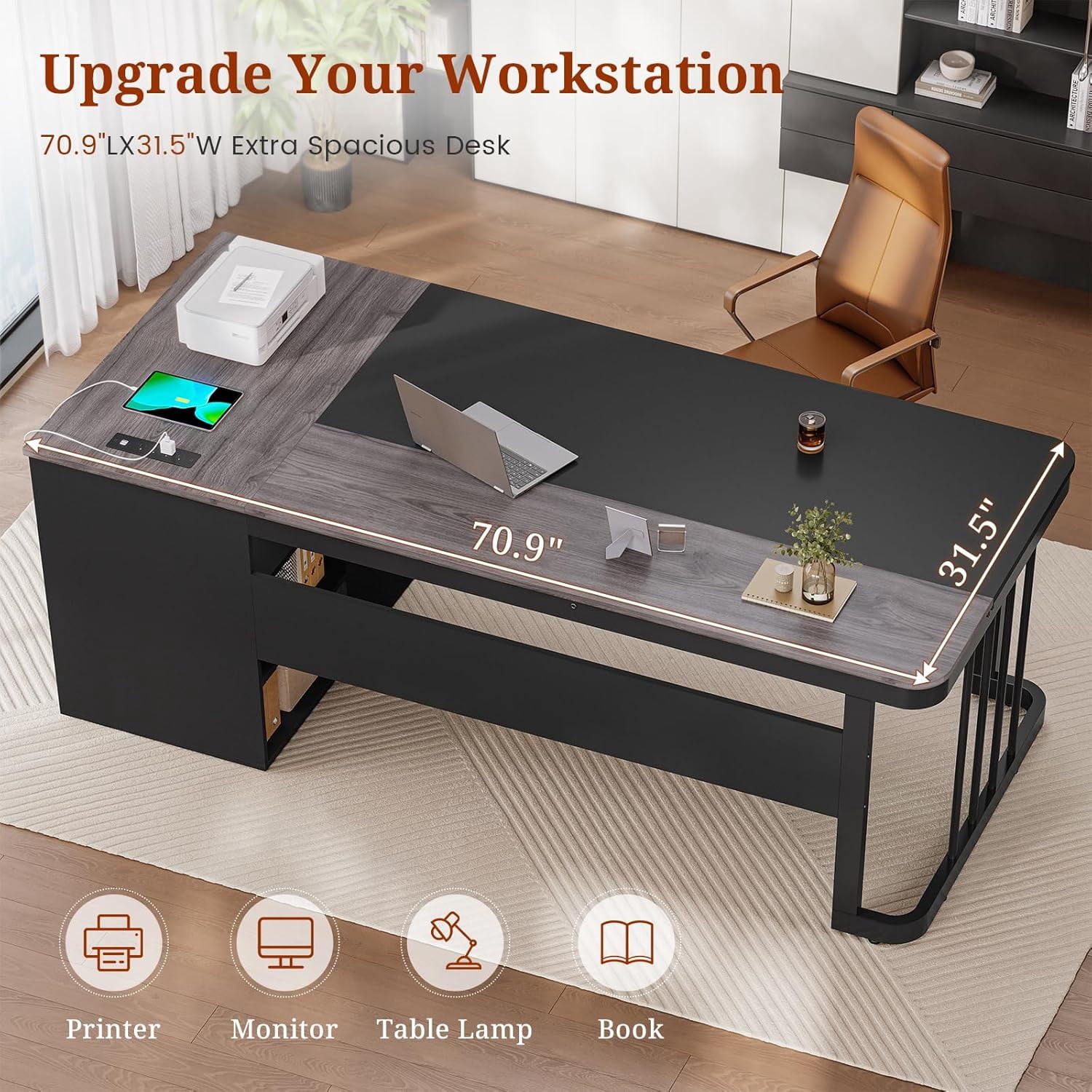 70.9" Executive Desk with Power Outlet, Large Office Desk with Drawers & Lateral File Cabinet, Modern Long Computer Desk with Adjustable Storage Shelves, Workstation Business Furniture (Grey)