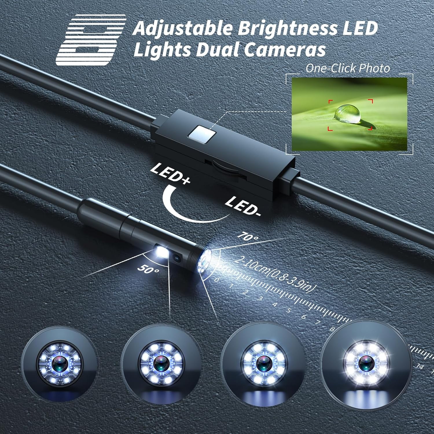 Dual-Lens Endoscope Camera with Light, 1920P HD Borescope Tools with 8 Adjustable LED Lights, Endoscope with 16.4ft Semi-Rigid Snake Camera, 8mm IP67 Waterproof Inspection Camera for iOS and Android