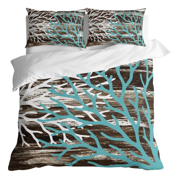 Duvet Cover Queen Size 3 Piece Bedding Set, Blue White Corals Soft Breathable Comforter Cover with 2 Pillow Shams, Brown Wood Board Background Luxury Duvet Covers with Zipper Closure