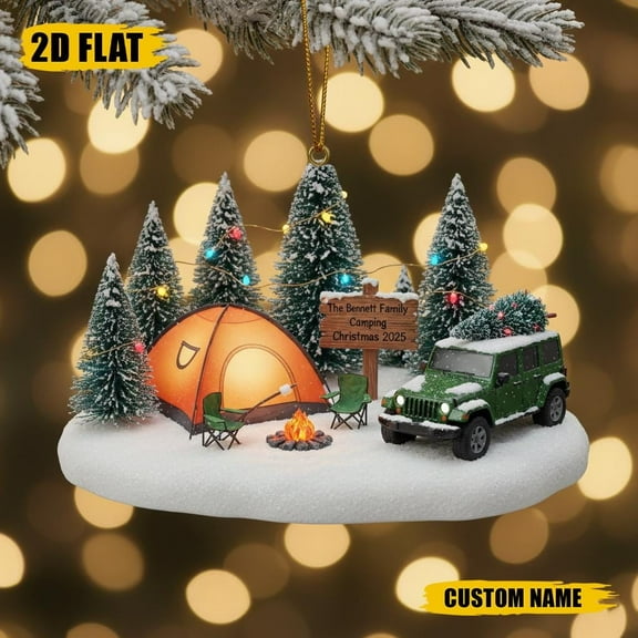 Custom Family Camping Ornament 2025 - Personalized Name Tent & Jeep Acrylic Decor - Christmas Tree Gift for Outdoor, RV, Hiking Lovers