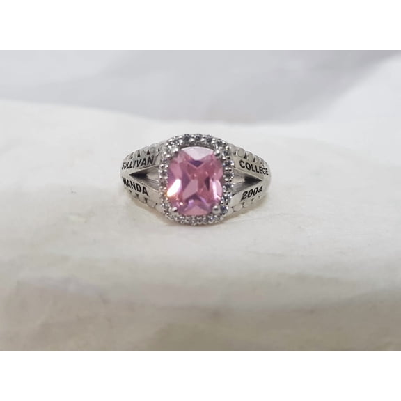 Pink Cushion-Cut Center Stone with Sparkling Halo Accents With Engraved College Name and Year Customized High School Class Ring For Women 925 Sterling Silver