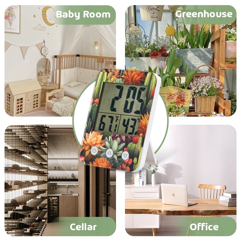 digital hygrometer indoor thermometer with High Accuracy Sensor LCD Display for Kitchen Baby Room Office-Seamless Pattern Of Colorful Cacti And Succulents