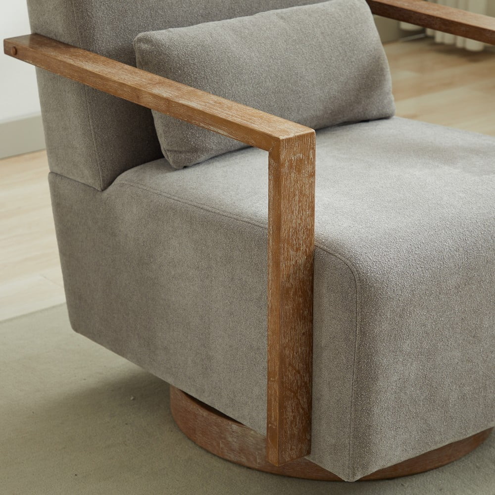 Swivel Accent Chair, 360 Degree Modern Upholstered Lounge Chair with Solid Wood Armrests, Linen Blend Fabric, Comfy Reading Chair for Living Room, Bedroom & Office, Gray