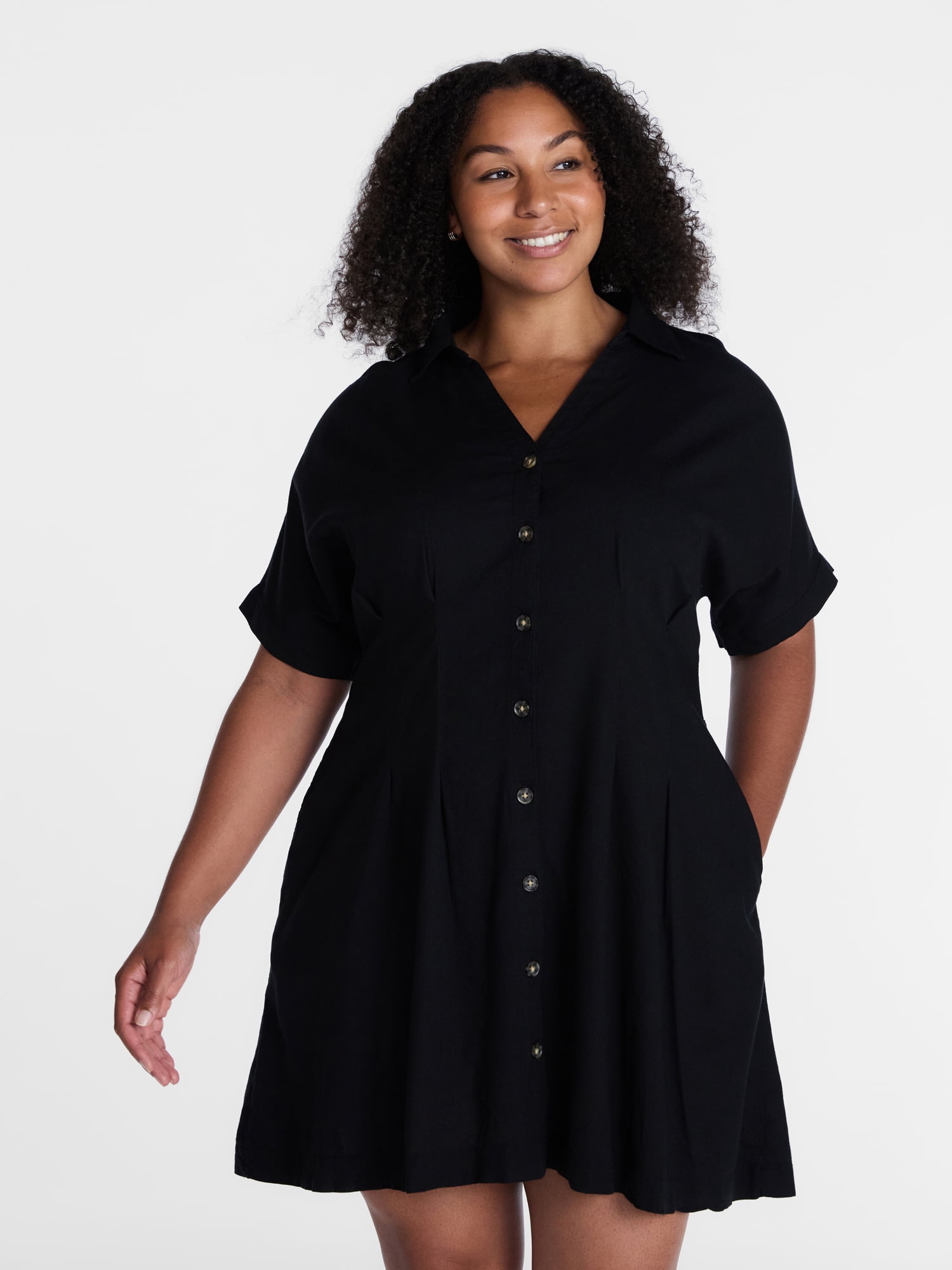 Time and Tru Women's Linen Pleated Waist Fit And Flare Mini Shirt Dress, Sizes XS-XXXL