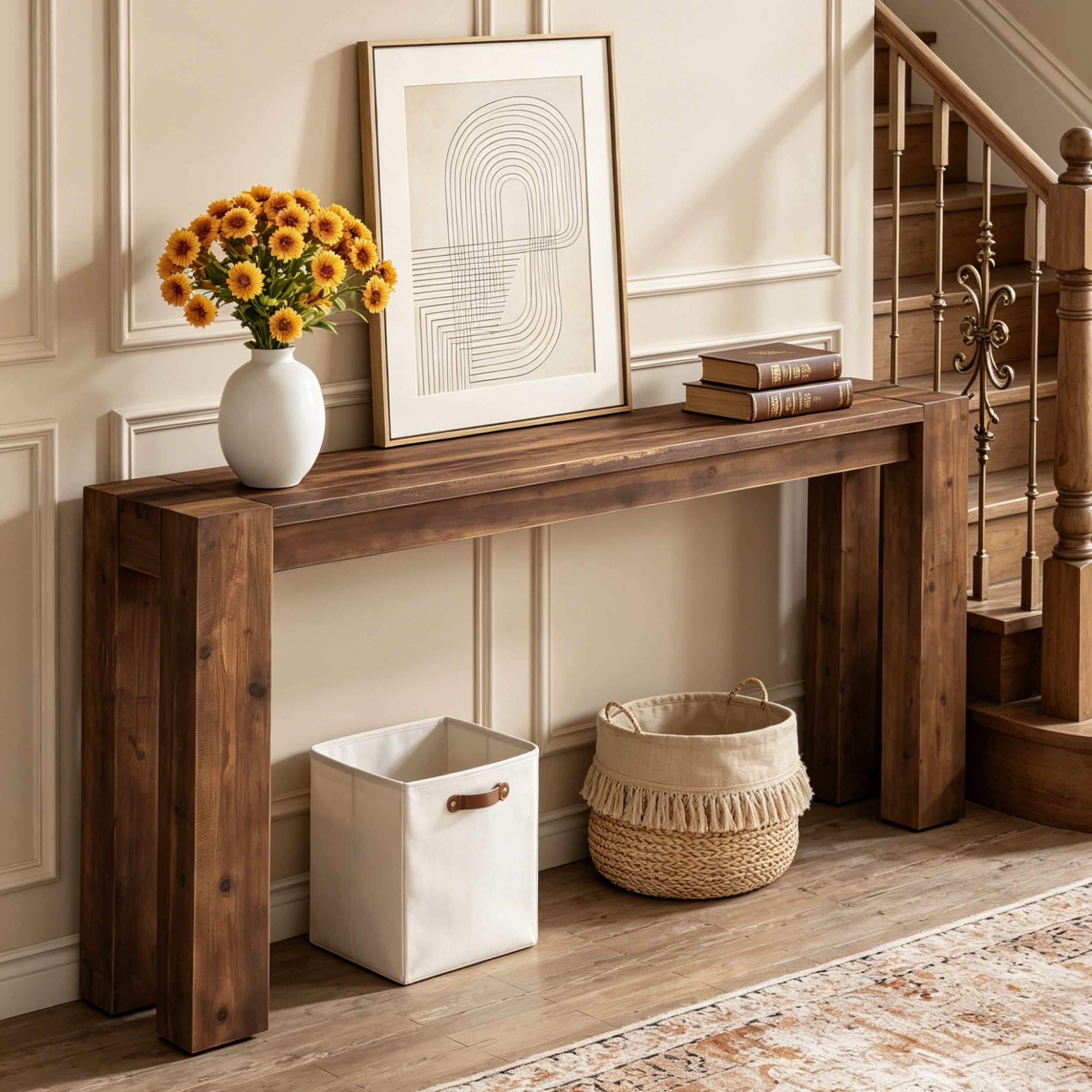Fnova 70.9" Solid Wood Black Console Table, Farmhouse Extra Long Narrow Entryway Table, Heavy Duty Sofa Table for Living Room, Hallway, Foyer