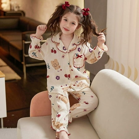 

Sanrios Cinnamoroll Childrens Pajamas Girls Cotton Thin Long Sleeve Gauze Cotton Spring and Autumn Kawaii Cartoon Pajama Set