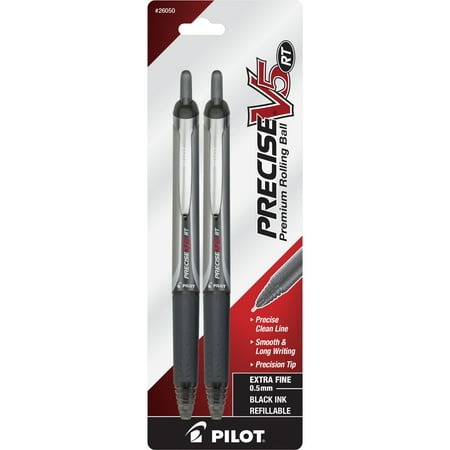 Pilot Precise V5 RT Pens, Extra Fine Point, Rolling Ball, Black Ink, 2 Pk, 17510766