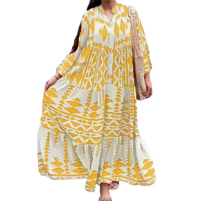 Fortune Robe Longue Bohème pour Femme Grande Taille à Manches Longues, Boutonnée, Robe Chemise à Imprimé Géométrique, Coupe Ample Évasée, Tailles P-4TG
