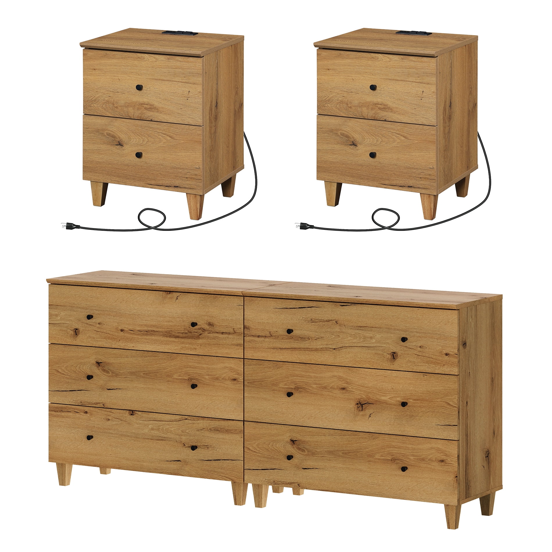 WAMPAT Dresser and Nightstands Set of 4, Wood Dressers with 6 Drawers, 2 Pieces Nightstands with Charging Stations for Living Room, Dark Brown Wood