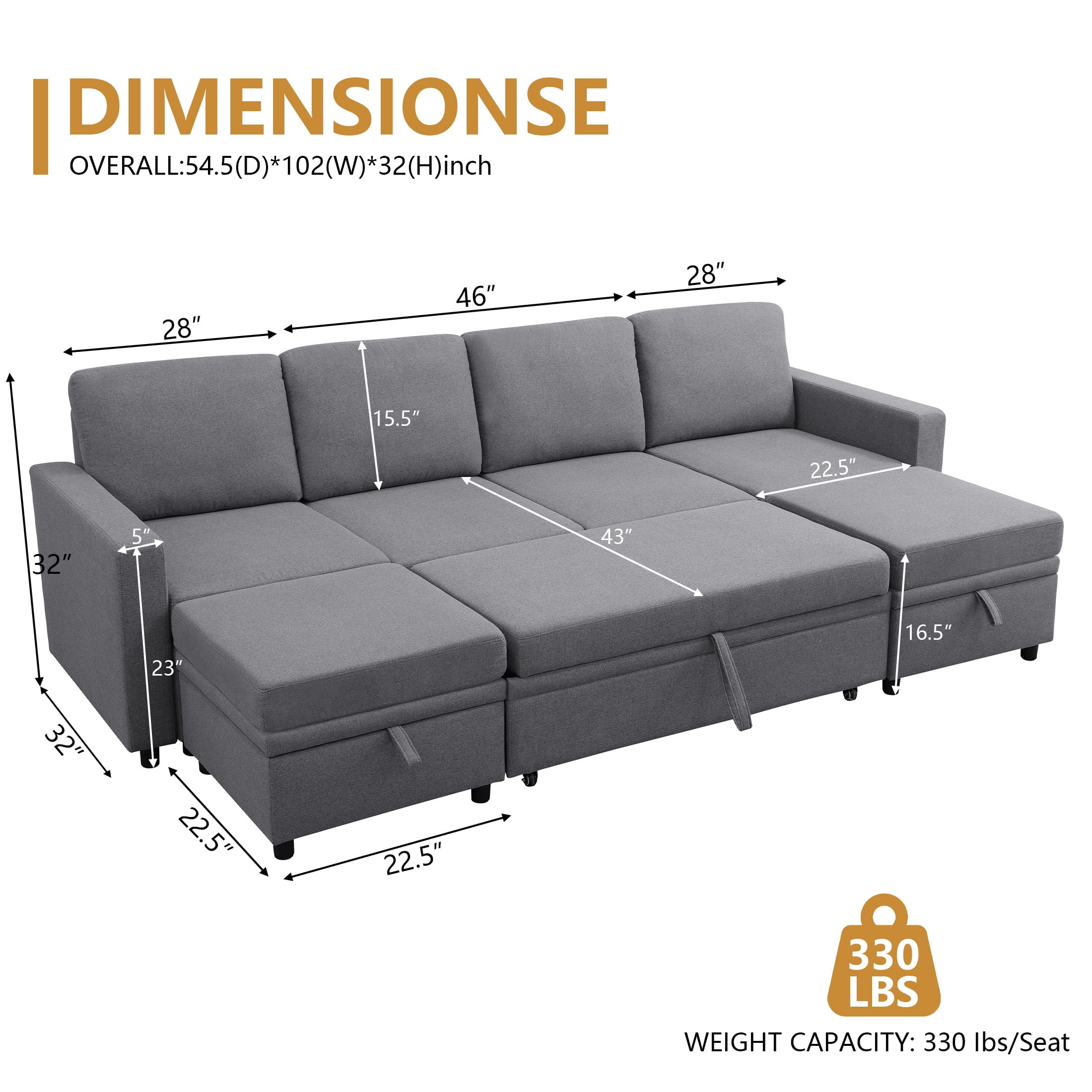 AENKYO 102'' U-Shaped Sectional Sofa Bed, Linen Pull Out Sleeper Couch with Storage Seats for Living Room，Gray