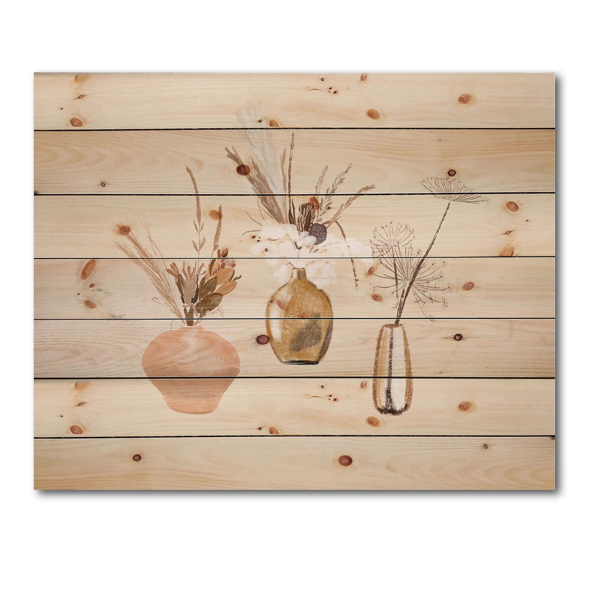 Designart 'Gold Vases With Bouquets Of Wildflowers I' Traditional Print on Natural Pine Wood