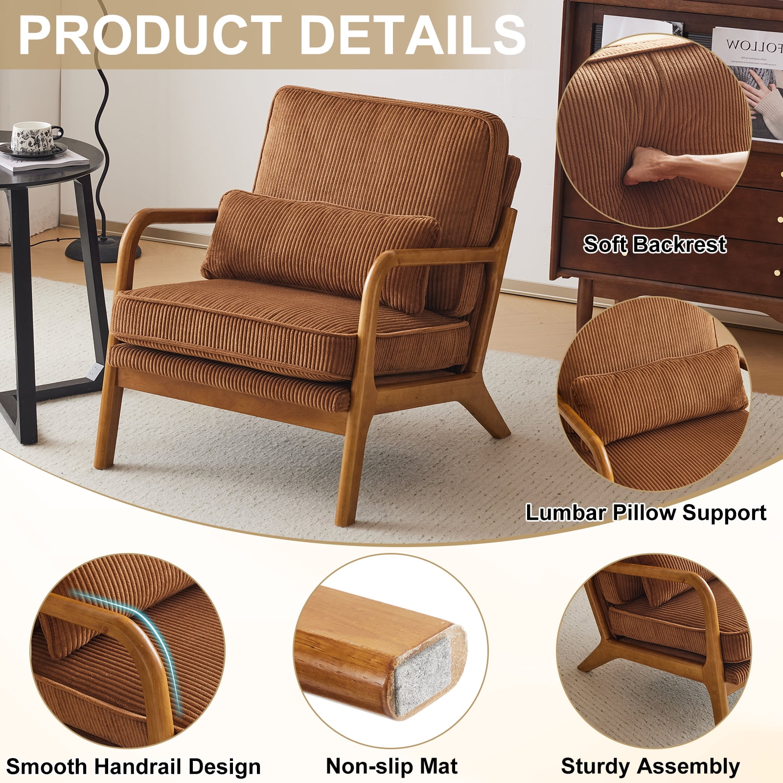 Ktaxon Accent Chair Corduroy Upholstered Armchair, Reading Club Chair with Pillow and Solid Wood Frame for Living Room Bedroom Furniture Brown