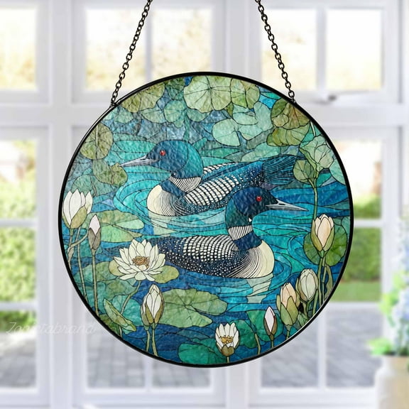 Loon Bird Couple Stained Glass Suncatcher, Lake Cabin Window Hanging, Nature Bird Lovers Ornament Gift for Home Decor