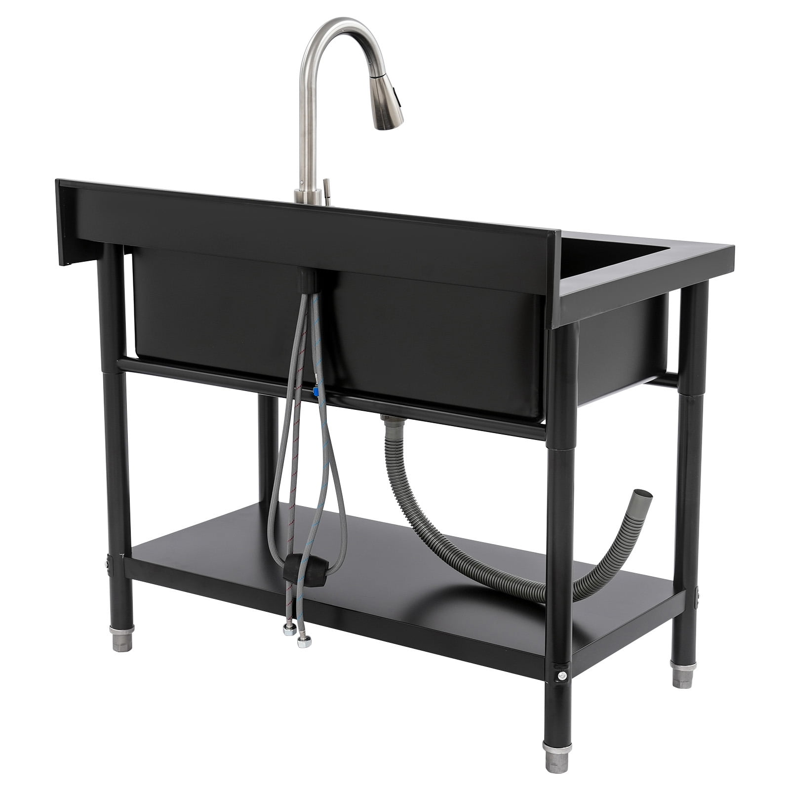 ToppiJoy Stainless Steel Single Bowl Utility Sink, Freestanding Laundry Sink with Pull-Out Faucet for Laundry Room Indoor Outdoor (Black)