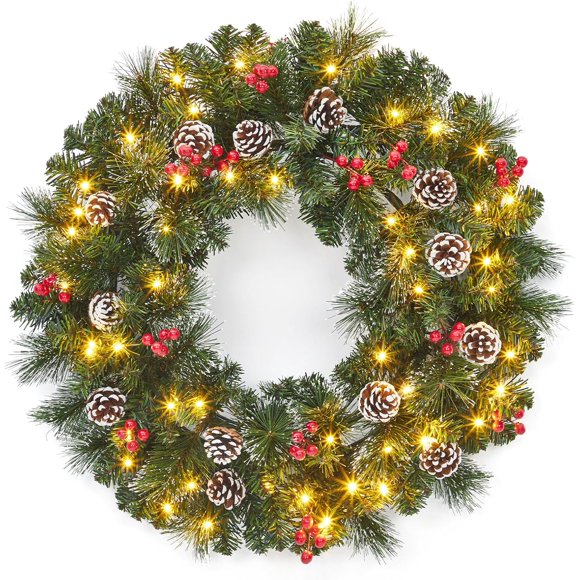 24" Pre-Lit Christmas Wreath for Front Door: Artificial Spruce with 50 LED Lights, Frosted Branches, Pine Cones & Berry Clusters