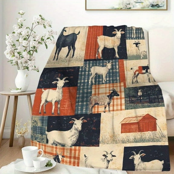 Rustic Farmhouse Goat Blanket, Soft Lightweight Throw Blanket with Country Plaid Barnyard Animal Design, Cozy Blanket for Couch, Bed, or Office, Gift for Farmers and Animal Lovers, 80"x60"