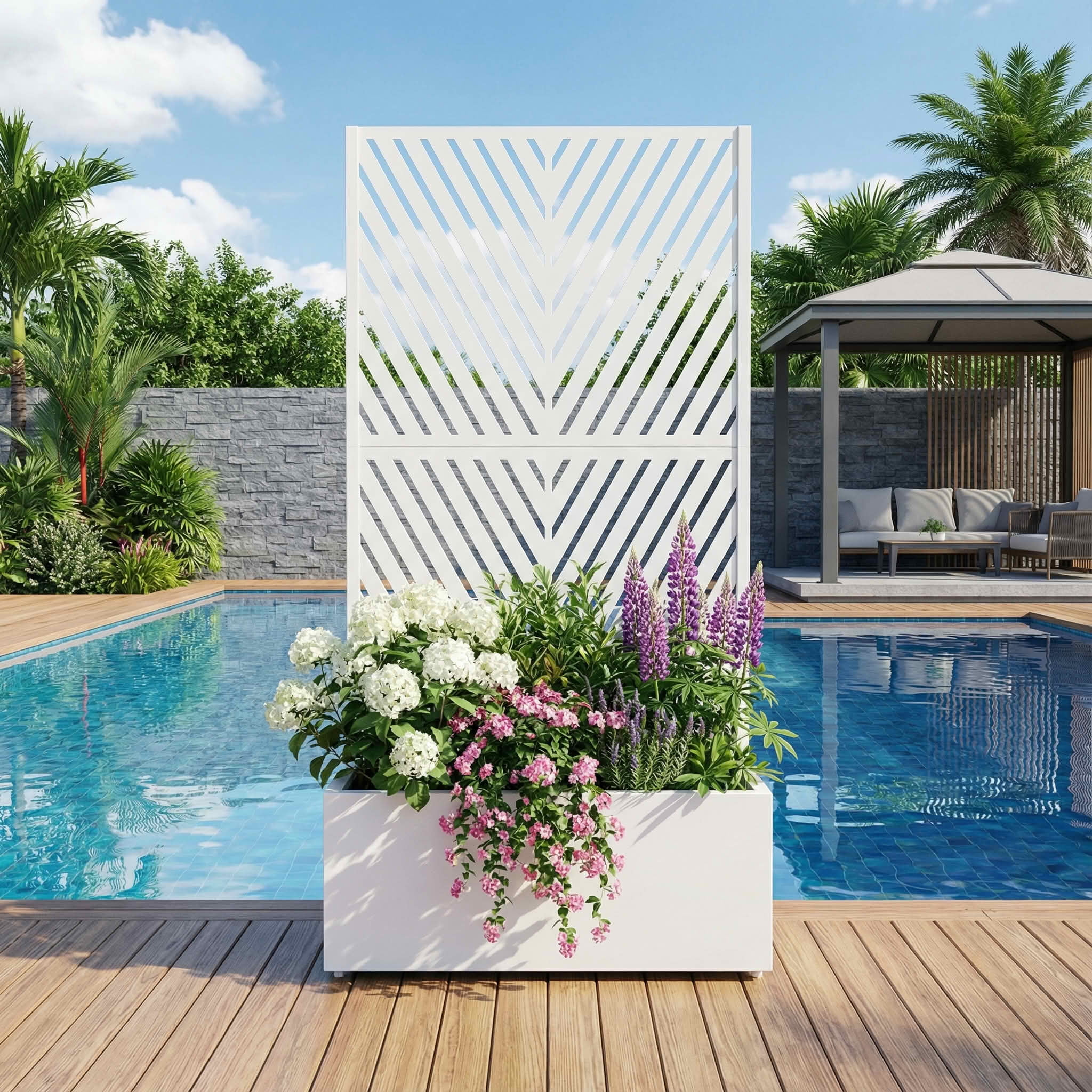 MAYEERTY 59X30" Metal Outdoor White Privacy Screen with Planter Box for Backyard & Garden, 2 Piece Set